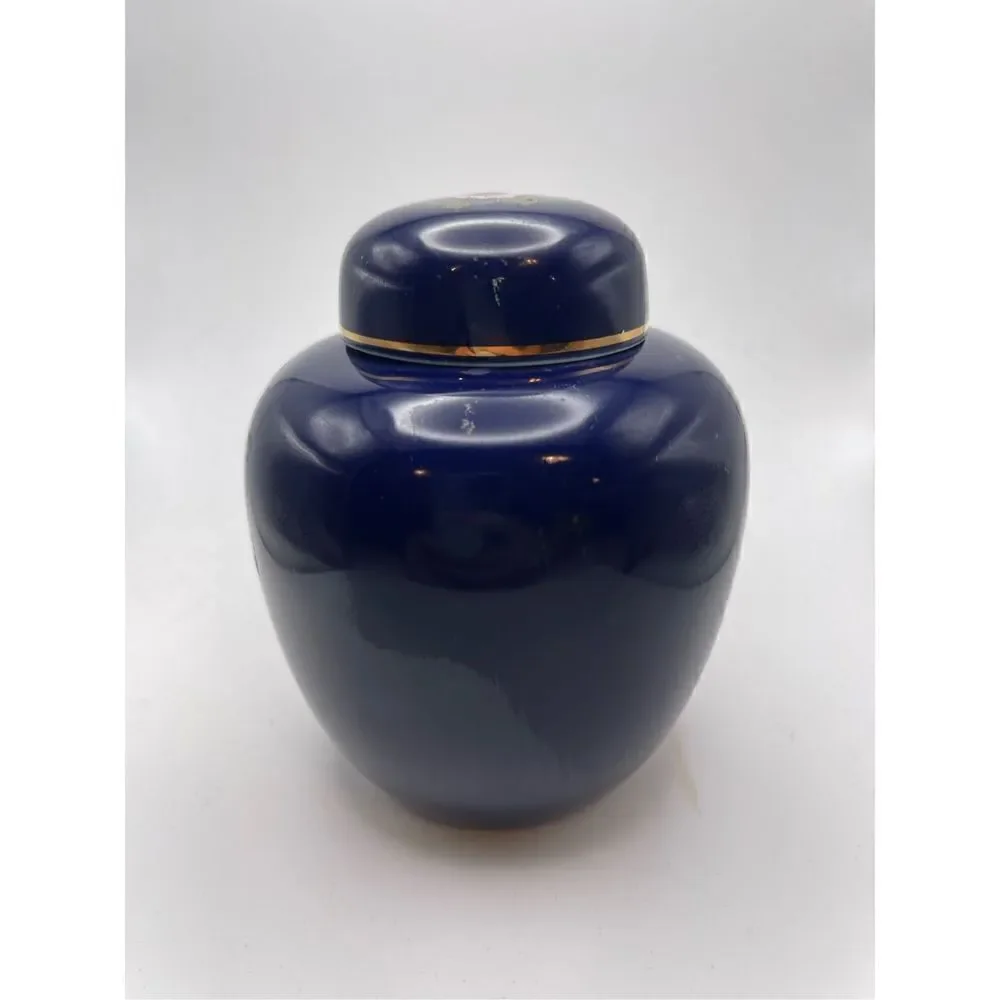 Ginger Jar vintage blue cobalt pheasant gold trimmed